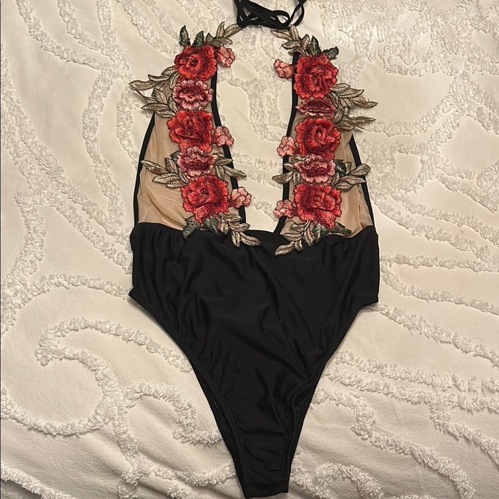 Floral Embroidered Black Bodysuit